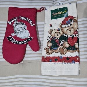 Holiday Time Merry Christmas Oven Mitt&Vtg Royal Terry Santa's Kitchen Cot.Towel